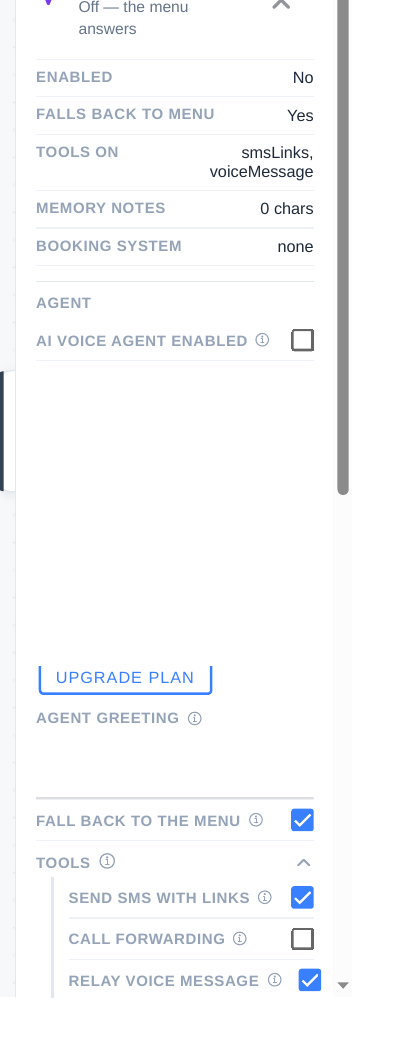 AI Voice Agent panel summary showing Enabled, Falls Back To Menu, Tools On, Memory Notes, and Booking System