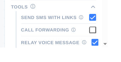 AI Voice Agent tools toggles: Send SMS With Links on, Call Forwarding off, Relay Voice Message on