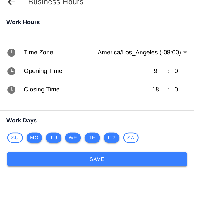 Business Hours form showing Time Zone, Opening Time, Closing Time, and Work Days
