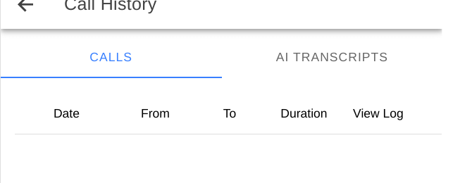 Call History page with Calls and AI Transcripts tabs