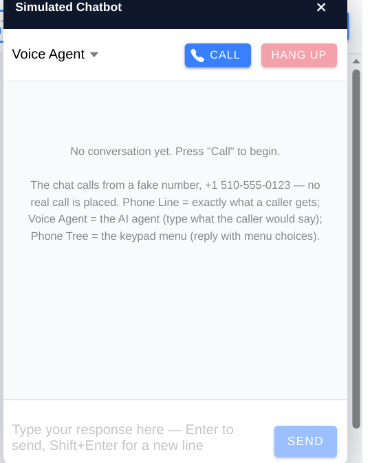 Simulated Chatbot panel showing Voice Agent mode, Call and Hang Up buttons, and no conversation yet